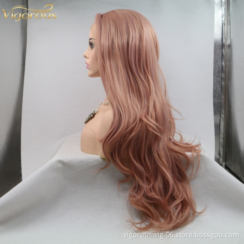 Fashion Idol High Quality Wholesale Long Natural Wavy Mono Pink Fiber Wigs 13*3 Lace Synthetic Hair Curly Making Machine